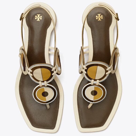 Tory Burch $348 Marquetry Disk Sandal LIGHT CREAM / TOASTED SESAME Many sizes - Picture 1 of 7